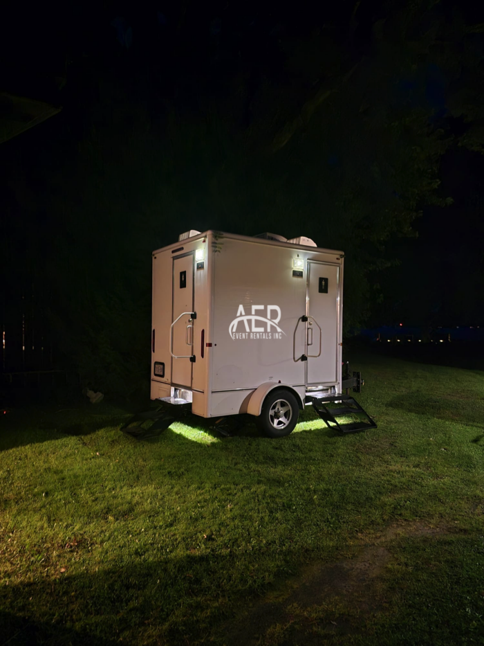 Two Unit Washroom Trailer Rental Night Time Use