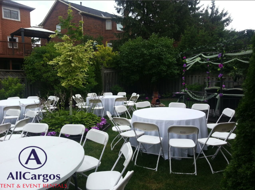 White Chairs & Tables Rental in Backyard