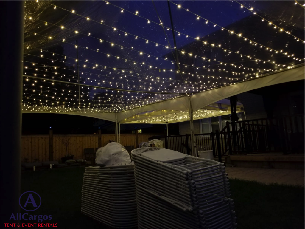 Twinkle Lights under 20x30 Frame Tent for Backyard Event
