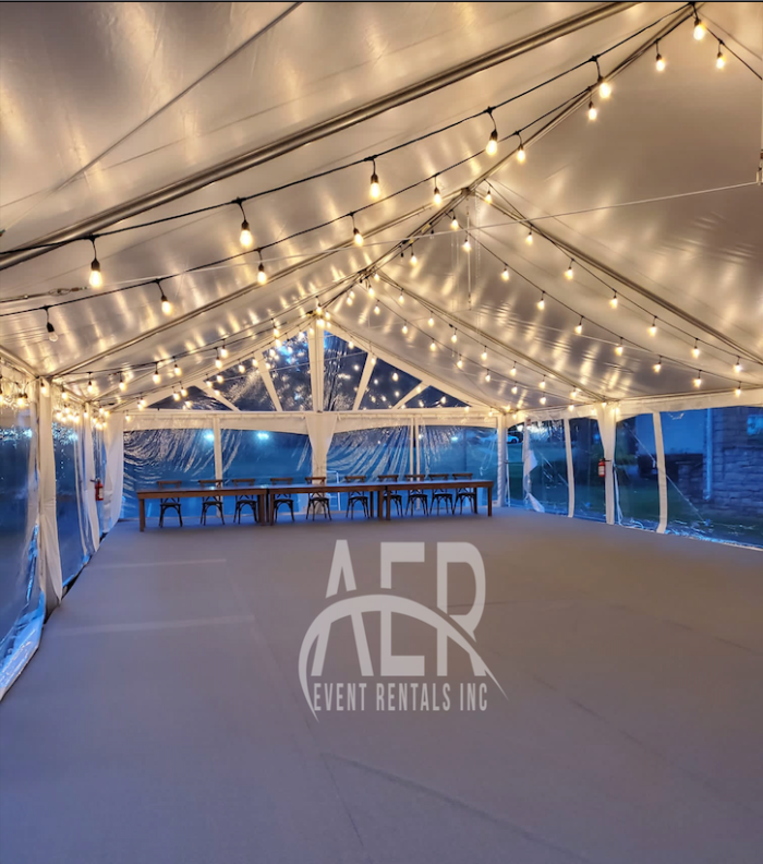30x60 Clearspan Tent with Lights & Flooring Windermere House Muskoka Rental