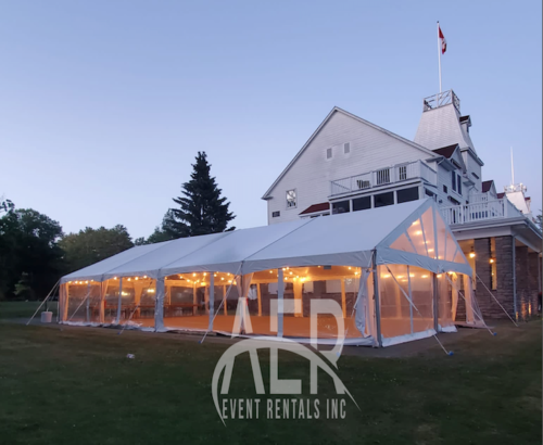 30x60 White Clearspan Tent with Lights & Flooring Windermere House Muskoka Rental