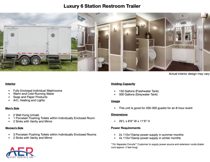 AER Luxury 6 Station Restroom Trailer Spec Sheet