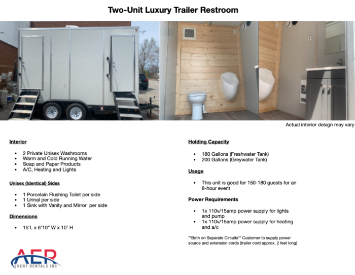 AER Luxury Two Unit Restroom Trailer Spec Sheet