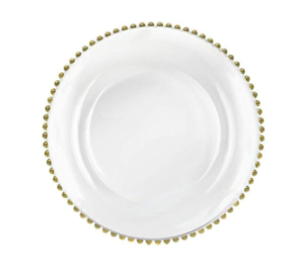 Round Glass Charger Plate with Gold Beaded Rim Rental
