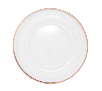 Round Glass Charger Plate with Rose Gold Rim Rental